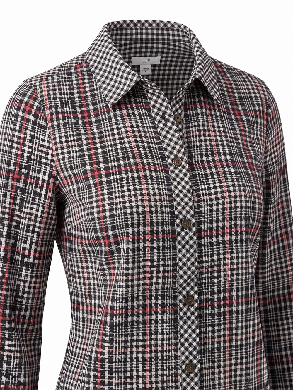 J.Jill Mixed Plaid &Gingham Button Front Blouse Pink Black White Women's Medium